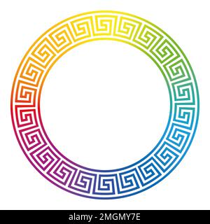 Meander design circle, frame with rainbow gradient colored seamless pattern. Meandros, a decorative border, constructed from continuous lines. Stock Photo