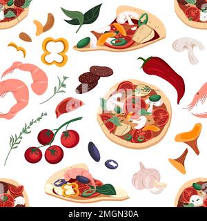 Endless Pattern for pizzeria Menu with Pizza , ingredients on White background.Template for Italian food restaurants or cafes.Vector Flat illustration Stock Photo