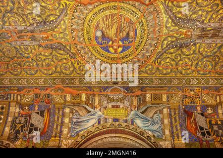 Berlin, Germany - July 6, 2011 : Mosaic on wall and ceiling of the  Kaiser Wilhelm Memorial Church, honoring Willhelm I as king and Kaiser Stock Photo