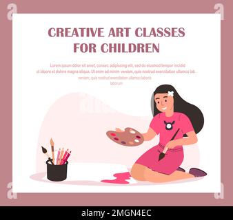 Children Art Classes.Kid Painting Picture on Paper,Children Creativity and Activity Concept.Little Girl Character with Paints,Pencils Enjoy Drawing.Is Stock Photo