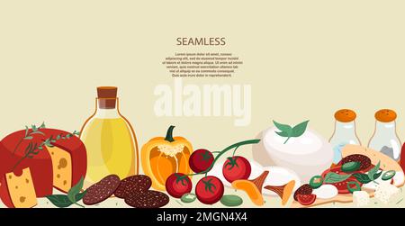 Design of Horizontal ad banner for pizzeria with salami,tomato pizza with olive ingredient on colored background.Promo template for Italian food resta Stock Photo