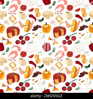 Seamless endless pattern with grocery italian food on white background.Italian Cheese,tomatoes,vegetables,dairy products.Colorful vector illustration Stock Photo