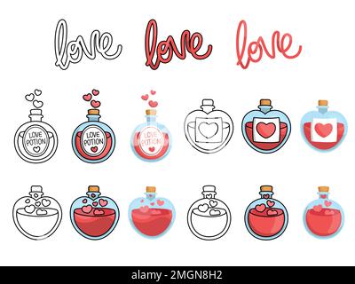 Collection of cute simple Valentine's Day related love potion bottles. Colorful and black and white vector illustrations. Stock Vector