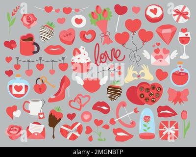 Collection of cute simple Valentine's Day related items and objects. Colorful vector illustrations. Stock Vector