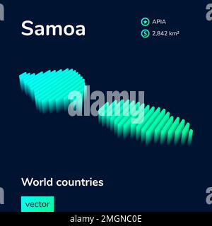 Samoa 3D map. Stylized neon isometric striped simple vector map of Samoa is in green and mint colors Stock Vector