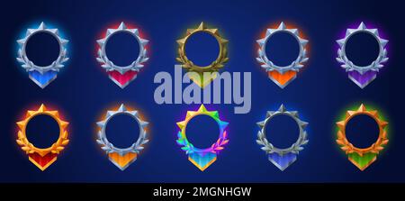 Game avatar frames with fantasy medieval borders with laurel, pennants and glow. Empty circle golden, metal, silver and gradient colored frames, vector cartoon set Stock Vector