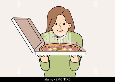 Happy hungry young woman excited about fresh tasty pizza in takeout box. Smiling girl look at delicious Italian fast food in takeaway package. Vector illustration.  Stock Vector