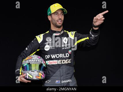 Renault driver Daniel Ricciardo of Australia poses for a photo at the Australian Formula One Grand Prix in Melbourne, Thursday, March 12, 2020. (AP Photo/Rick Rycroft) Stock Photo