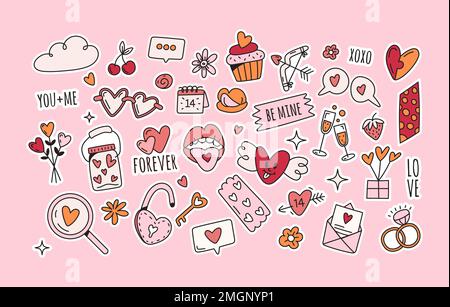 Vector valentines day stickers in doodle style on white background Stock Vector