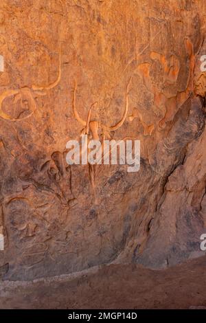Famous rock relief carving of a crying cow at Tegharghart, near Djanet, Tassili n’Ajjer National Park, South Algeria, North Africa, Stock Photo