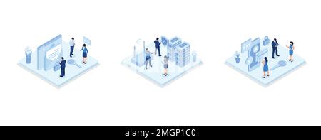 Characters using Cyber Security Services to Protect Personal Data. Online Payment Security, Cloud Shared Documents, Server Security and Data Protectio Stock Vector