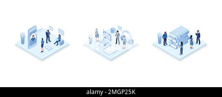 Student studying with smartphone, book and practicing reading, listening and speaking in English. Online education concept, set isometric vector illus Stock Vector
