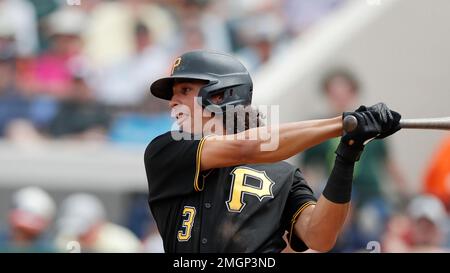 DUNEDIN, FL - MARCH 20: Pittsburgh Pirates second baseman Cole Tucker (3)  points towards the dugout during the spring training game between the  Pittsburgh Pirates and the Toronto Blue Jays on March