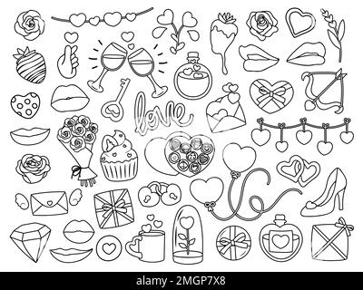 Collection of cute simple Valentine's Day related items and objects. Black and white vector illustrations for coloring. Stock Vector