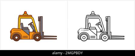 Forklift coloring page for kids. Loader side view Stock Vector