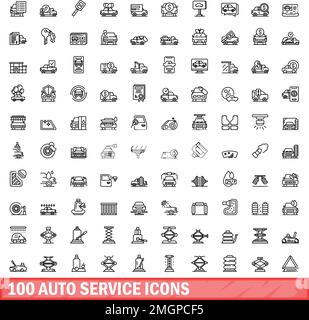 100 auto service icons set. Outline illustration of 100 auto service icons vector set isolated on white background Stock Vector