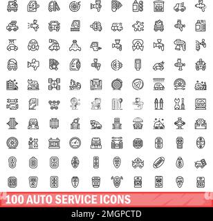 100 auto service icons set. Outline illustration of 100 auto service icons vector set isolated on white background Stock Vector