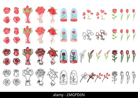 Collection of cute simple Valentine's Day related flowers and plants. Colorful and black and white vector illustrations. Stock Vector