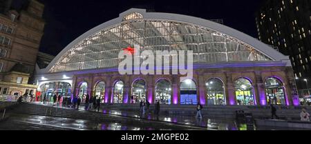 Lime Street railway station, illuminated at night, gateway to Liverpool, Merseyside, England, UK, L1 1JD Stock Photo