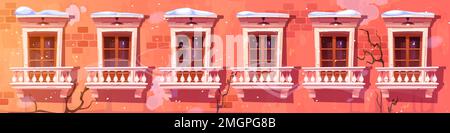 Old apartment house facade at winter, white classic window frames, cracks and damages on red brick wall, vintage outdoor lamps. Urban architecture snowy day. Neighborhood cartoon vector illustration Stock Vector