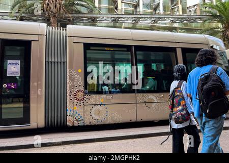 A modern tramway passing on the road in Rabat, Morocco Stock Photo