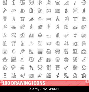 100 drawing icons set. Outline illustration of 100 drawing icons vector set isolated on white background Stock Vector