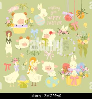 Easter Set with Cute White Bunnies, Gooses, Sheeps and Easter Eggs Stock Vector