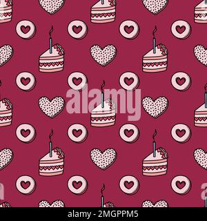 Valentines day vector seamless pattern. Doodle hand drawn illustration of cute romantic love background.. Stock Vector