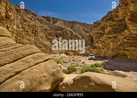 Vehicle in Split Mountain Gorge in Anza Borrego Desert State Park, Sonoran Desert, California, USA Stock Photo