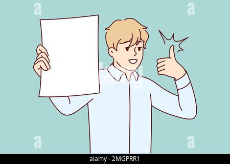 Man shows white sheet of paper and raises thumb up recommending cool investment offer. Young guy in shirt office worker demonstrating document for business concept. Flat vector illustration Stock Vector