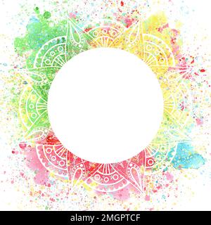 Hand-drawn watercolor round frame with splashes of paints: blue, yellow, blue and magenta with mandala. A part of the big Holi set of illustrations Stock Photo