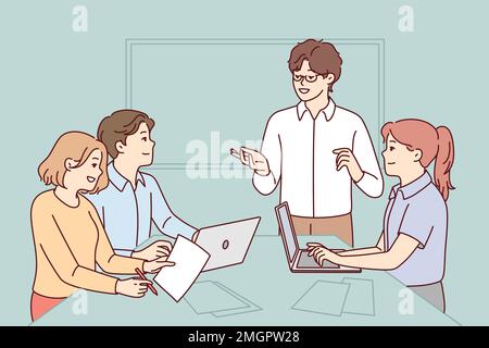 Successful people working in modern startup listening to colleague presentation. Programmers are sitting at table with laptops and papers waiting to receive assignment from boss. Flat vector image  Stock Vector