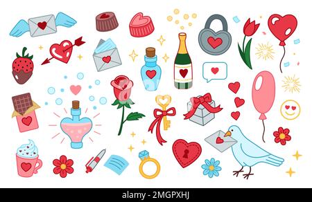 Set of cute vector love illustrations. Valentines day collection. Design elements for valentines day. Romantic doodle vector icons pack. Hand drawn, f Stock Vector
