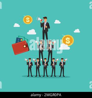 Ponzi scheme Business pyramid network. Investors group as victims in fake company profit statistics Financial fraud Illegal investment scam. Stock Vector