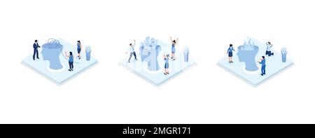 Characters trying to solve mentality problems and fighting against emotional burnout. Psychotherapy concept, set isometric vector illustration Stock Vector