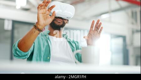 Virtual reality metaverse, augmented reality vr and black man work on cyber dashboard, digital transformation or ai software. Futuristic, headset and Stock Photo