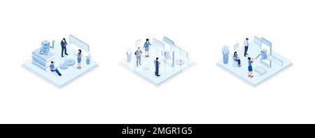 Customers having dialog with chatbot on smartphones. Characters chatting with robot, asking questions and receiving answers. AI assistant support and Stock Vector