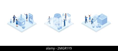 Volunteers putting coins in donation box and donating with credit card online. Financial support and fundraising concept, set isometric vector illustr Stock Vector