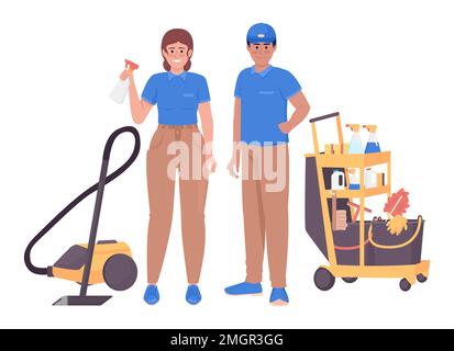 Professional janitorial services workers semi flat color vector characters Stock Vector