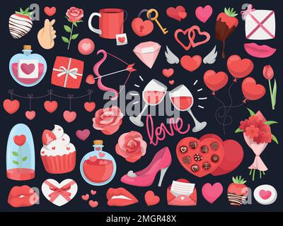 Collection of cute simple Valentine's Day related items and objects. Colorful vector illustrations with basic shading. Stock Vector