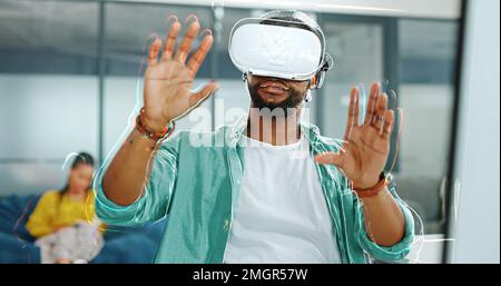 Virtual reality metaverse, augmented reality vr and black man work on cyber dashboard, digital transformation or ai software. Futuristic, headset and Stock Photo