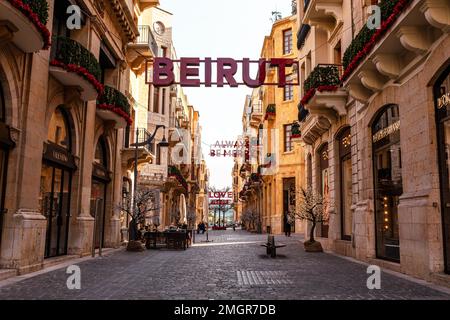 Popular commercial street in Beirut old city. Large hanging inscription. Beirut. Lebanon. Stock Photo