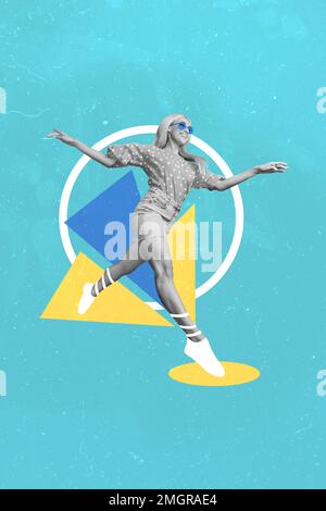 Collage artwork graphics picture of carefree happy smiling Ukrainian lady walking running isolated painting background Stock Photo