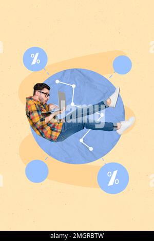 Creative photo collage of young funny excited guy falling hold laptop concentrated percent high discount buy tokens nft isolated on beige background Stock Photo