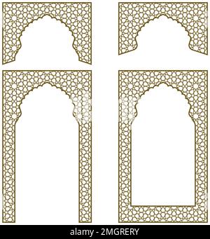 Arches, frames and additional design elements. Arabic geometric ornament.Brown color. Stock Vector