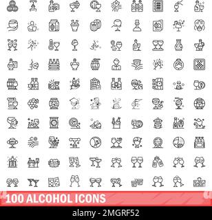 100 alcohol icons set. Outline illustration of 100 alcohol icons vector set isolated on white background Stock Vector