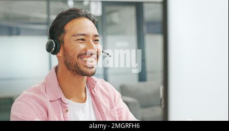 CRM, Asian customer service or call center man manager, help desk worker consulting, contact us or telemarketing. Sales advisor, consultant or contact Stock Photo