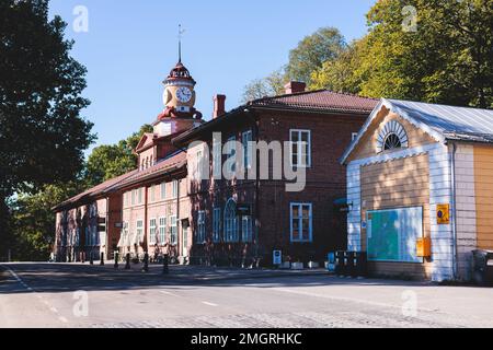 Fiskars, Finland, a village, the town of Raseborg, in western Uusimaa, Finland, with a wooden houses, clock tower and old town main street center Stock Photo