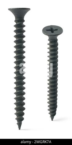 set of metal screws isolated on white background, black phosphate coated which protect from rust drywall screws used in building, industrial concept Stock Photo