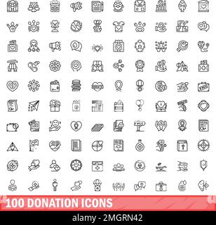 100 donation icons set. Outline illustration of 100 donation icons vector set isolated on white background Stock Vector